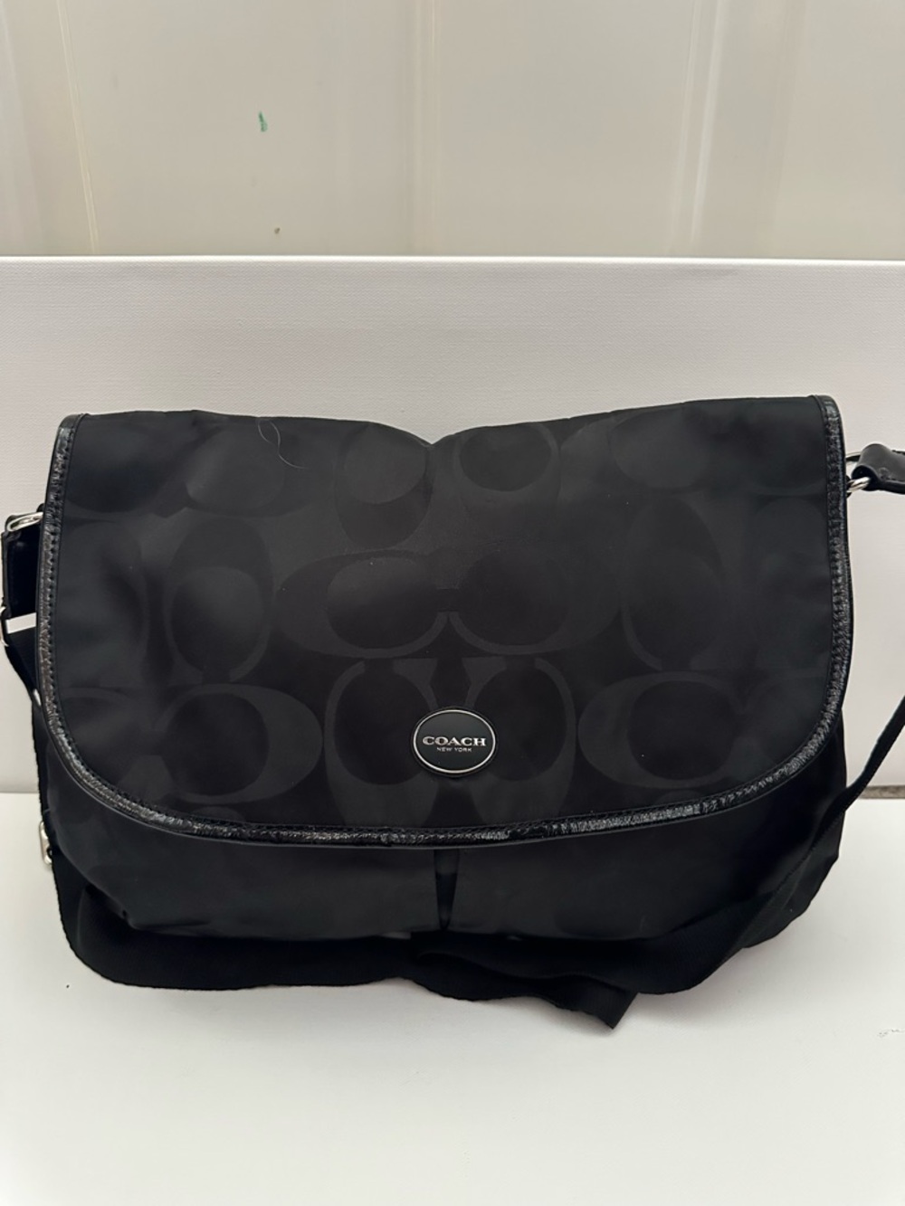 Coach Black Signature Nylon Messenger Bag with Logo Applique